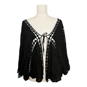 Womens Black Boho Cutout Top Floral Batwing Laser cut OS Tie Front Witchy